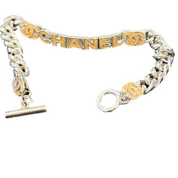 CHANEL Jewelry - CHANEL Two-Tone CC Logo Chain Bracelet in Beige Enamel and Silver